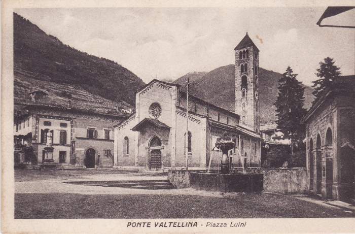 Cartolina d'epoca: Ponte Valtellina - Piazza Luini con la chiesa di San Maurizio